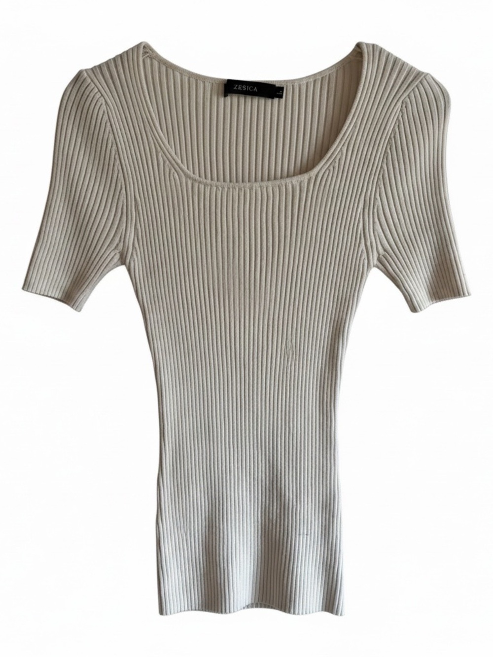Zesica White Ribbed Short-Sleeve Scoop Neck Top